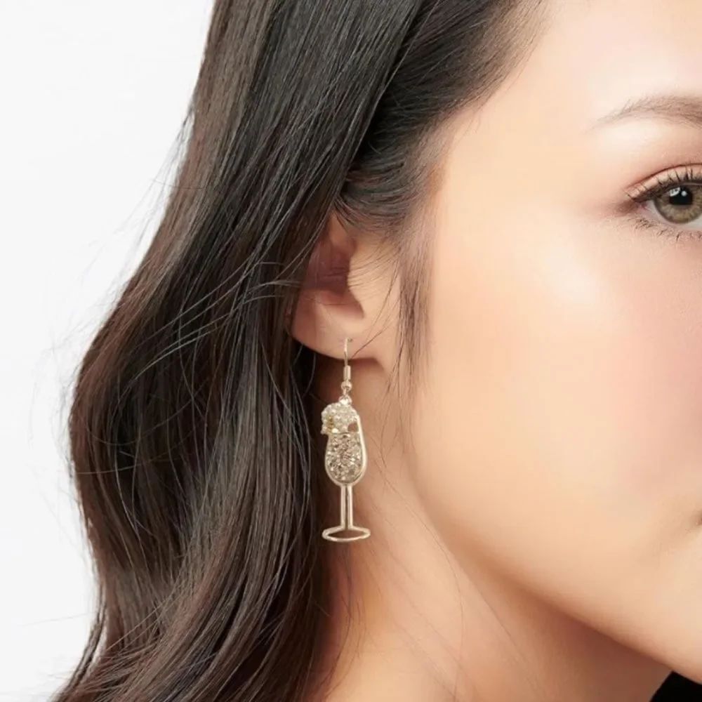 Beverage Drink Drop Dangle Earrings for Women Champagne, Wine Glass– Happy Hour!